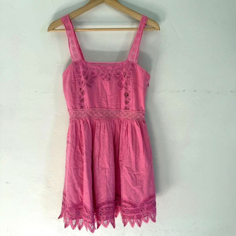 LoveShackFancy Tariah Pinafore Mini Dress Eyelet Detail Smocked Size 2 Pink - Picture 4 of 13